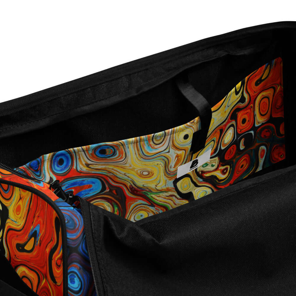 Interior view of Weekender N°4 showcasing colorful patterned lining and spacious storage options.