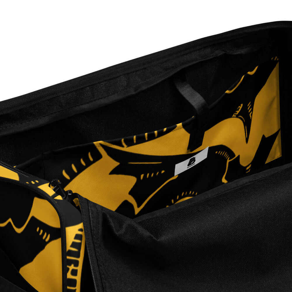 Interior view of Weekender N°8 showing spacious compartments and black-yellow design with zippered pocket for valuables.