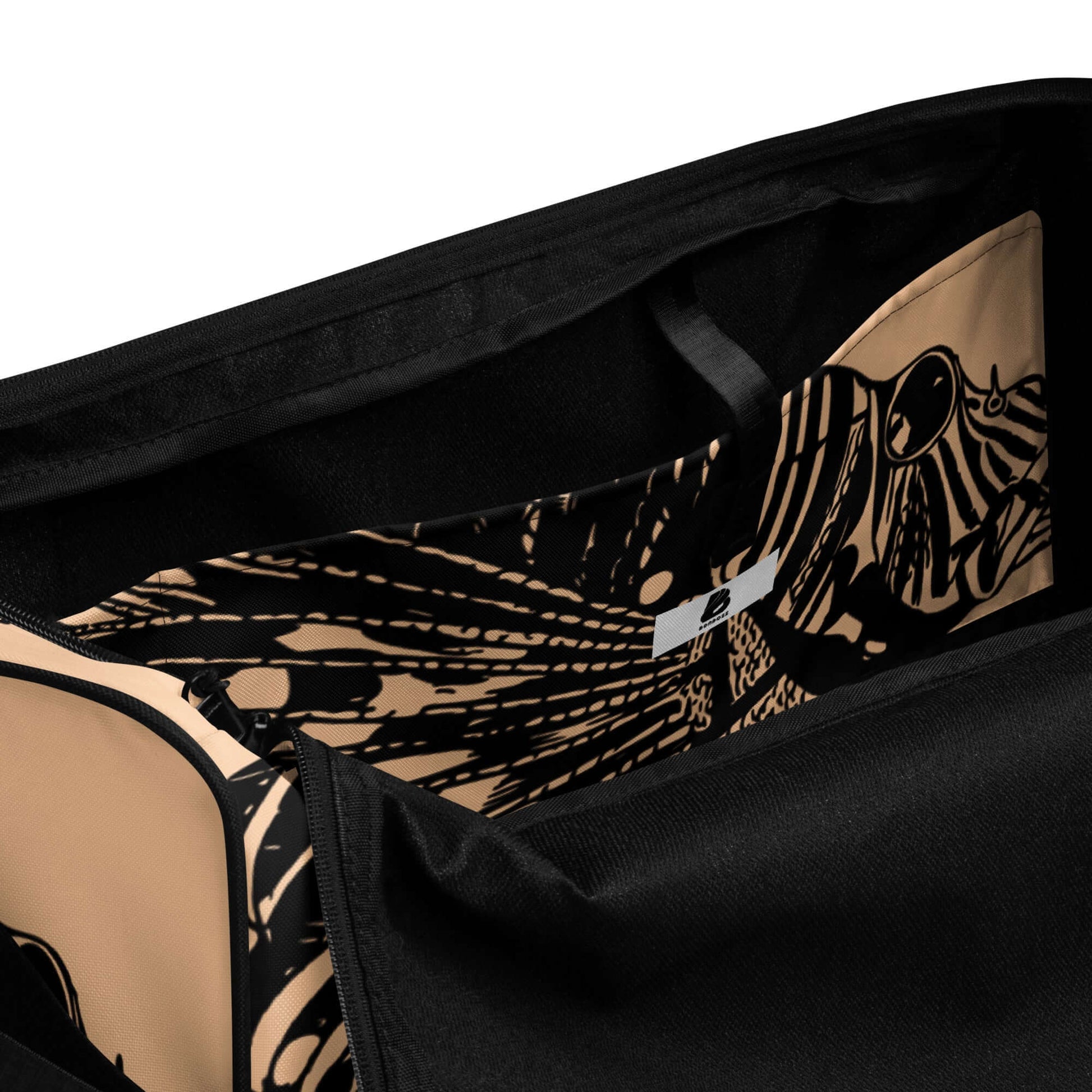 Inside view of Weekender N°14 showing interior pockets and floral design.