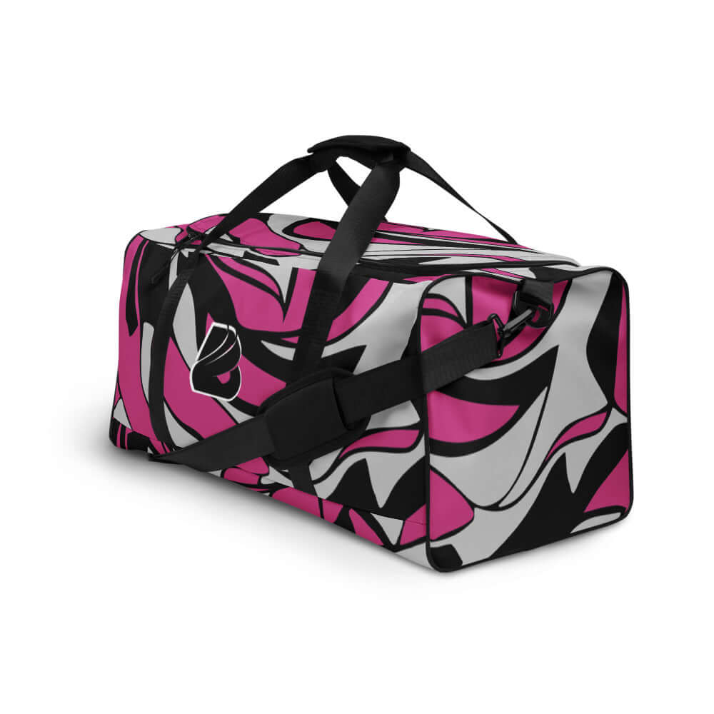 Weekender N°7 with vibrant pink and black abstract design, featuring padded adjustable shoulder straps and multiple pockets for travel and gym.