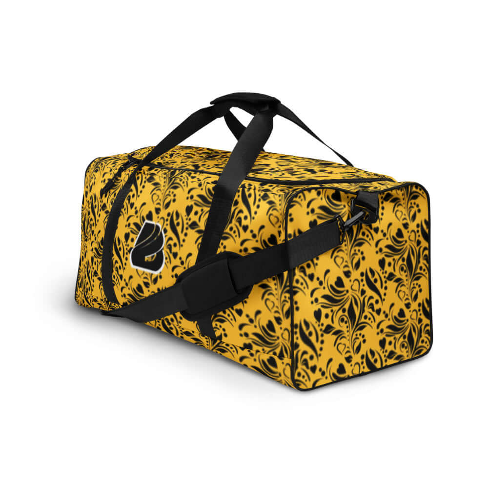 Weekender N°11 with ornate yellow and black design, spacious interior, and adjustable shoulder strap for travel and daily use.