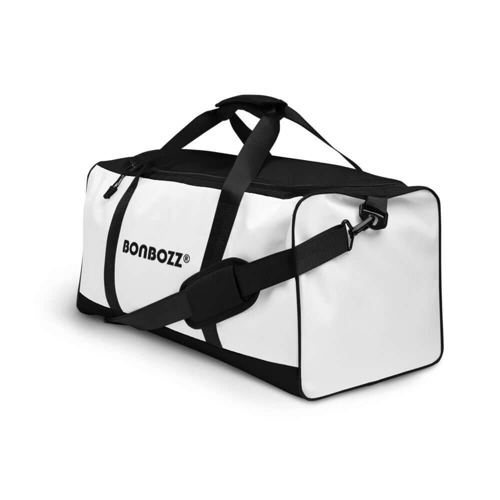 Weekender N°12 versatile travel bag with adjustable shoulder straps and multiple pockets, ideal for gym or daily errands, in black and white.