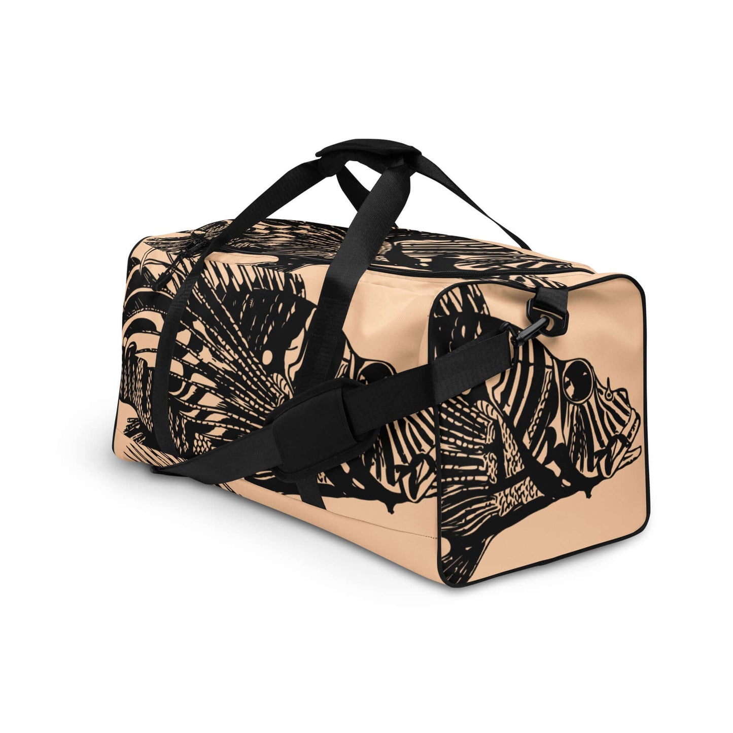 Weekender N°14 with black straps and artistic design, ideal for travel, gym, or daily errands, showcasing ample space and organization features.