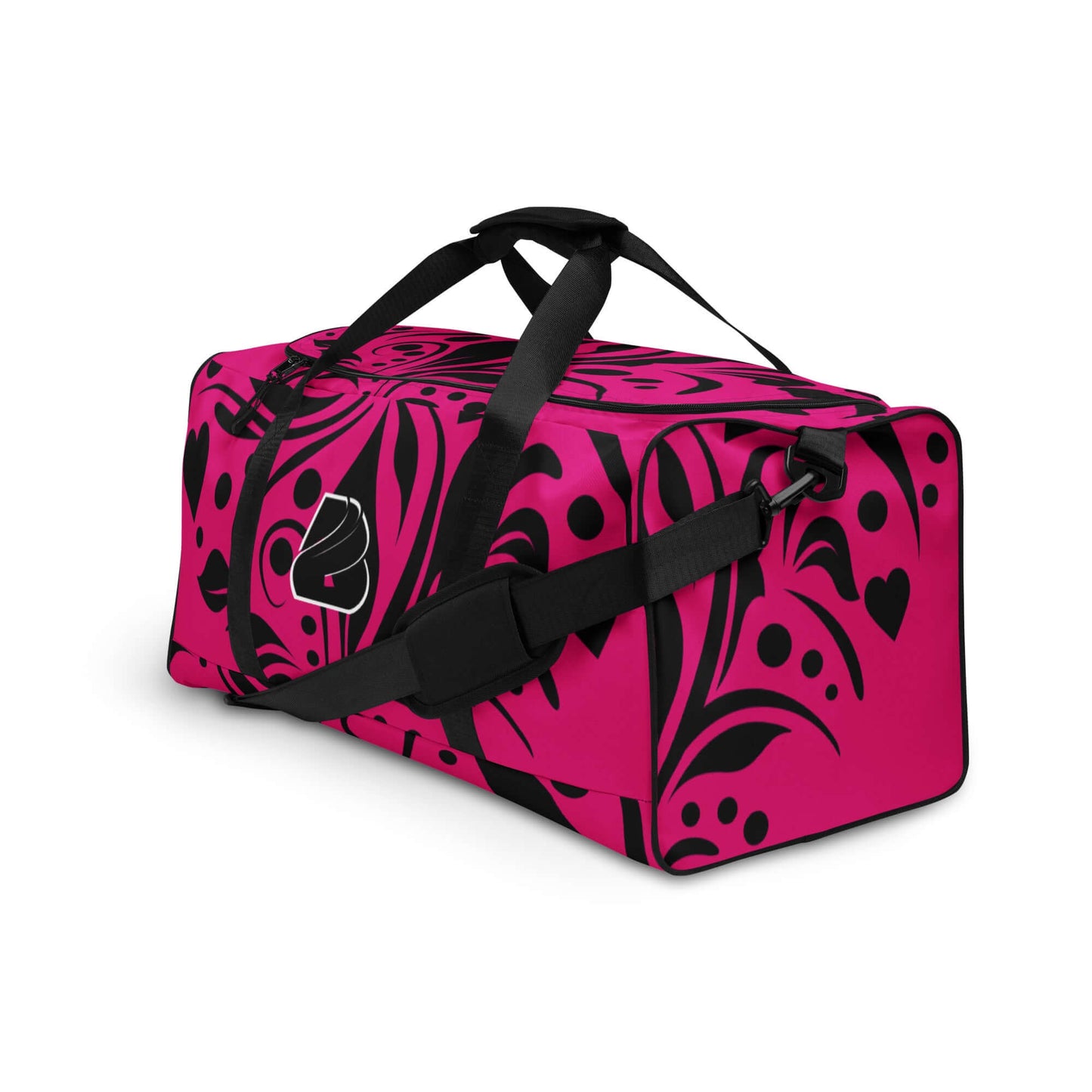 Bright pink floral Weekender N°15 bag with black adjustable straps and spacious compartments for travel and daily use.