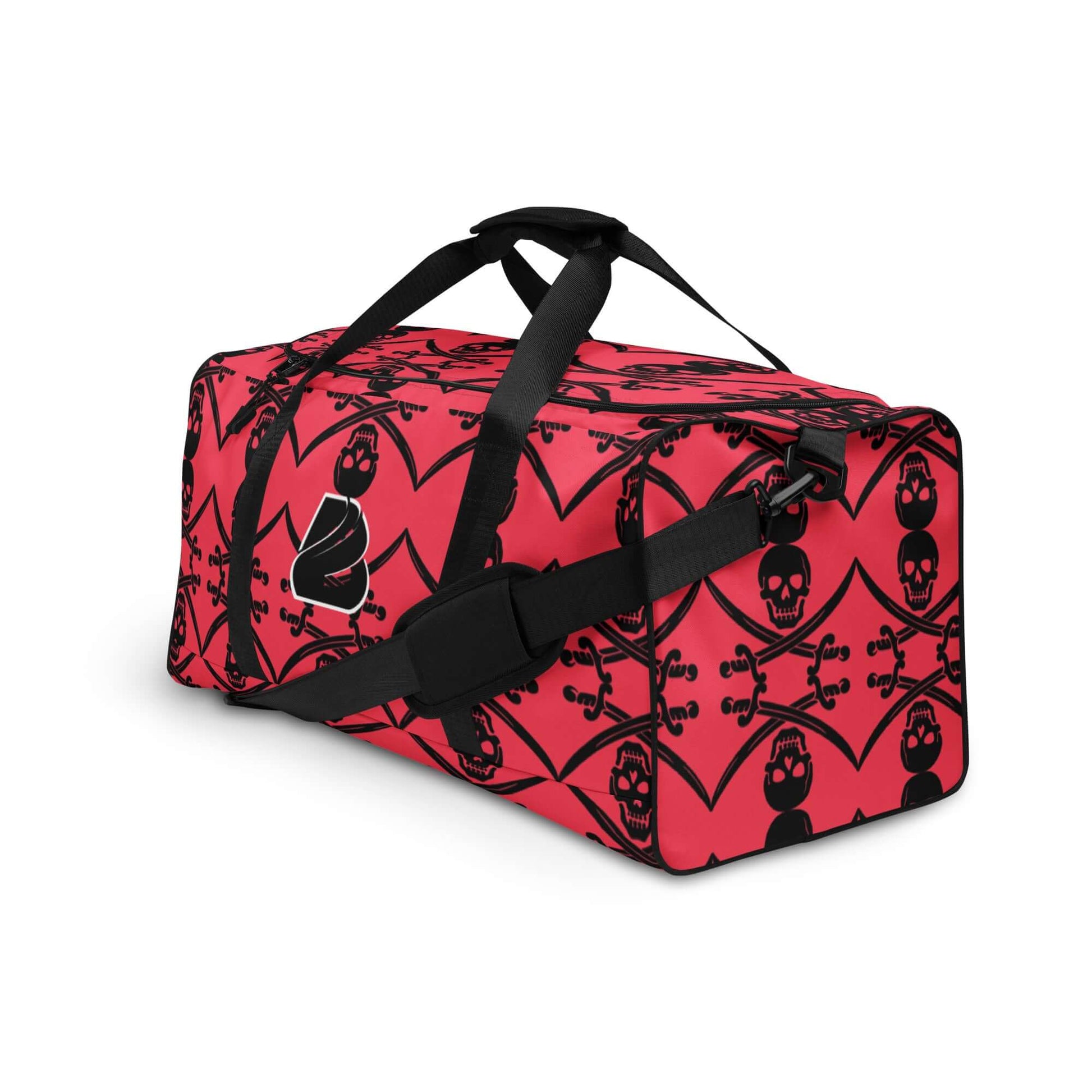 Weekender N°16 bag with skulls and crossbones pattern in red, ideal for travel and gym, featuring adjustable padded straps and multiple pockets.