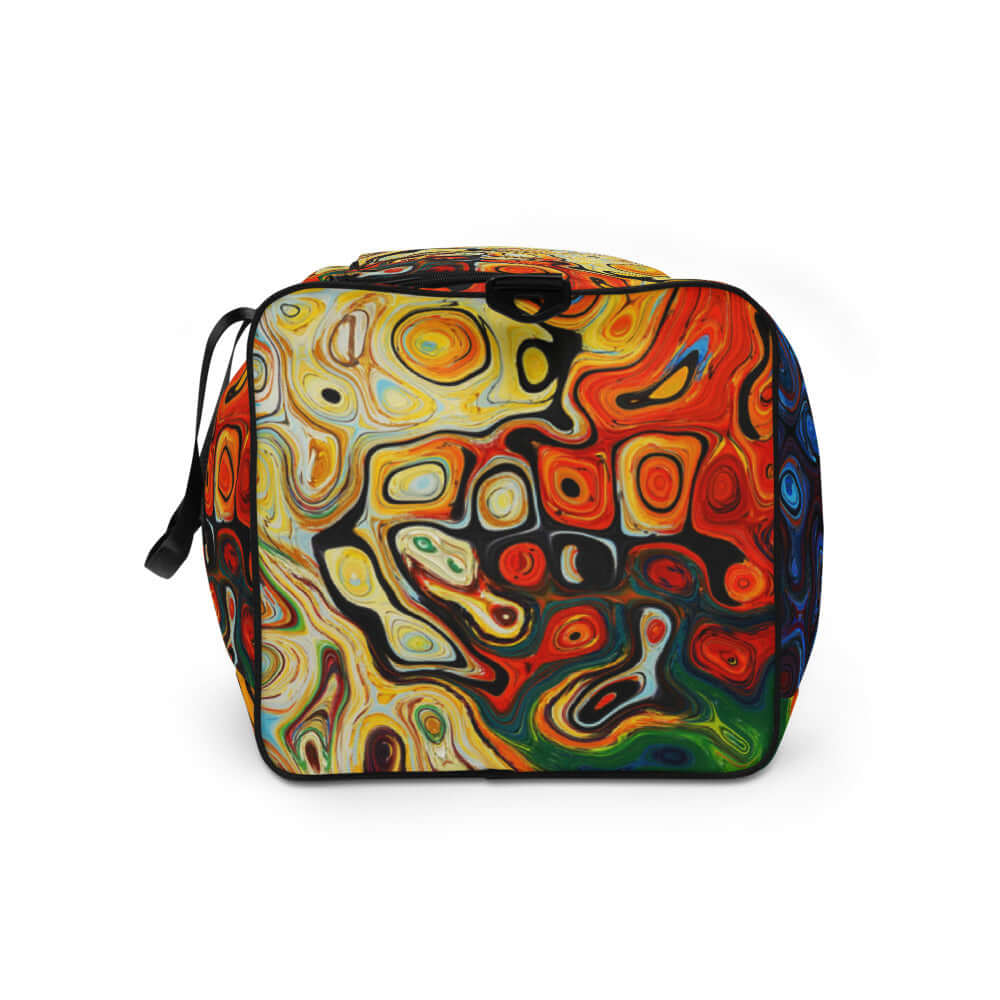 Weekender N°4 bag with vibrant abstract design, perfect for travel, daily errands, or gym use, featuring multiple compartments and adjustable straps.