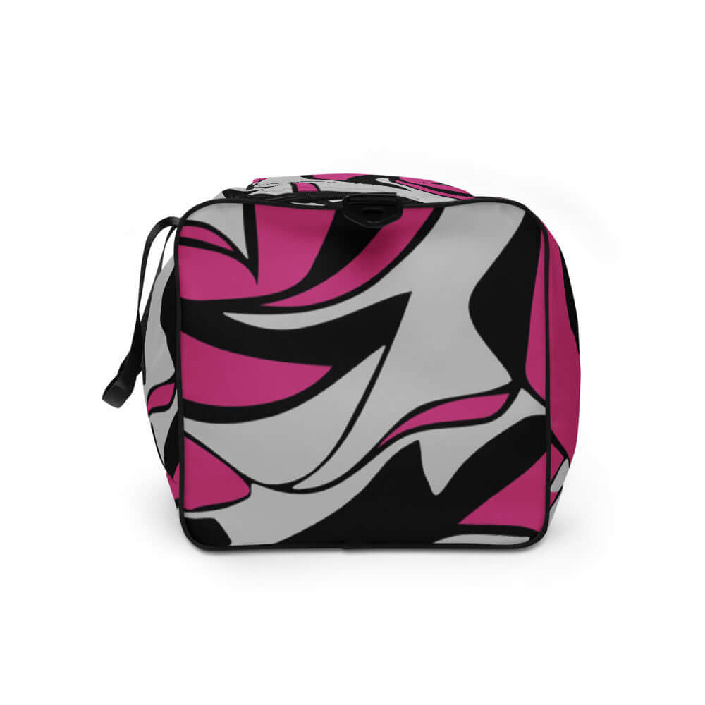 Weekender N°7 bag with abstract pink, black, and grey design, perfect for travel or gym, featuring multiple pockets and adjustable straps.