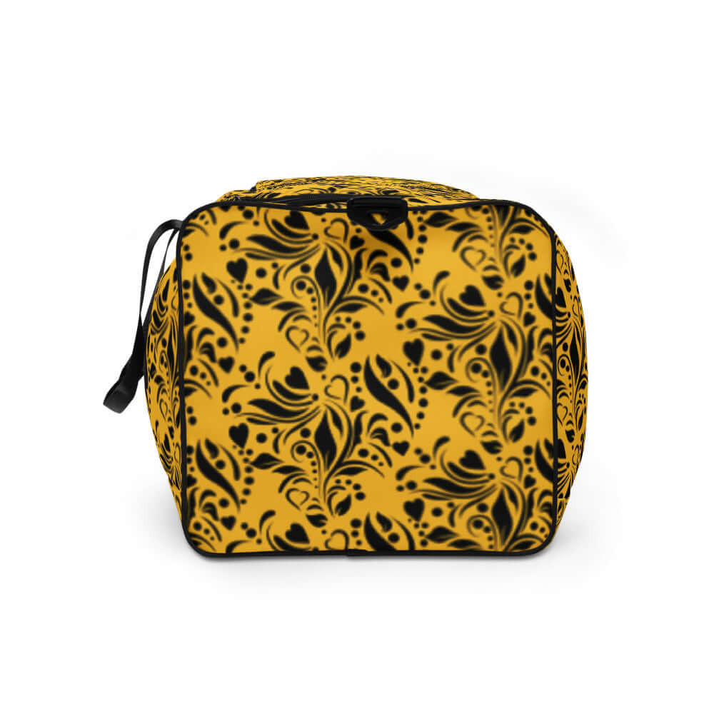 Weekender N°11 with elegant black floral pattern on yellow background, perfect for travel and gym use, featuring multiple pockets.