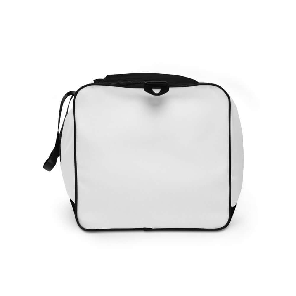 Weekender N°12 white travel bag with black accents, front view. Ideal for trips and daily errands. Spacious with adjustable straps.