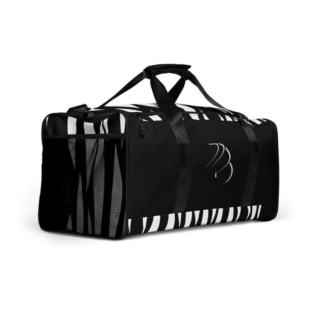 Stylish black and white Weekender N°3 travel bag with adjustable shoulder straps, perfect for trips and gym, featuring multiple compartments.
