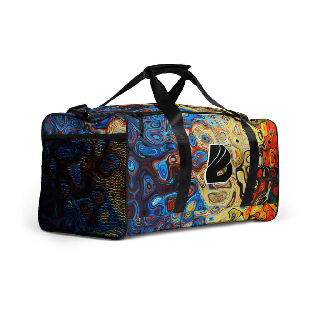 Weekender N°4 travel bag with colorful abstract design, adjustable shoulder straps, and multiple pockets.