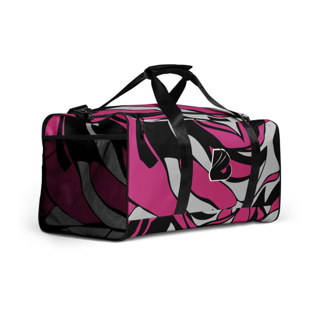 Stylish pink and black Weekender N°7 bag with adjustable straps, perfect for travel and daily errands.
