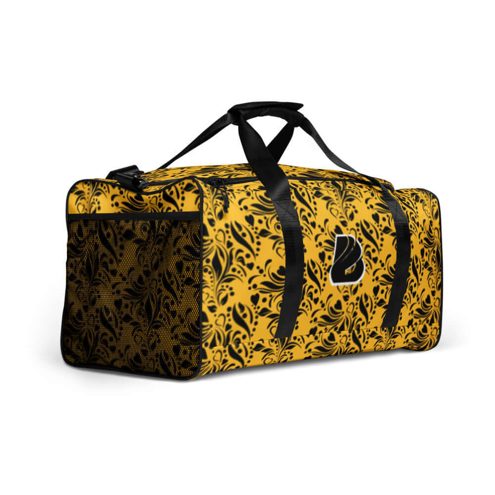 Weekender N°11 travel bag in black and yellow pattern, perfect for trips and daily errands, featuring adjustable padded shoulder straps.