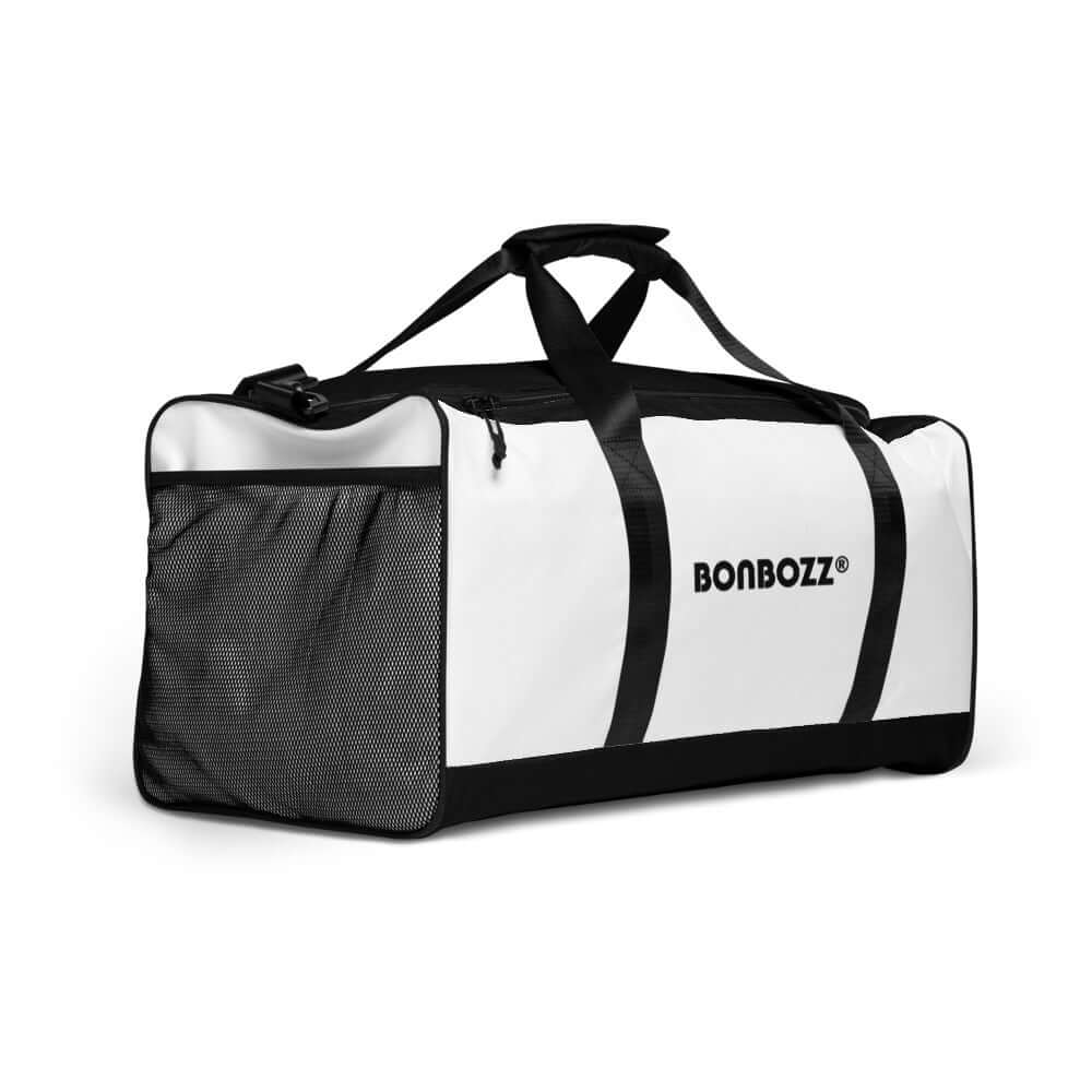 Weekender N°12 in white with black handles, ideal for travel, daily errands, or gym use, featuring adjustable padded shoulder straps.