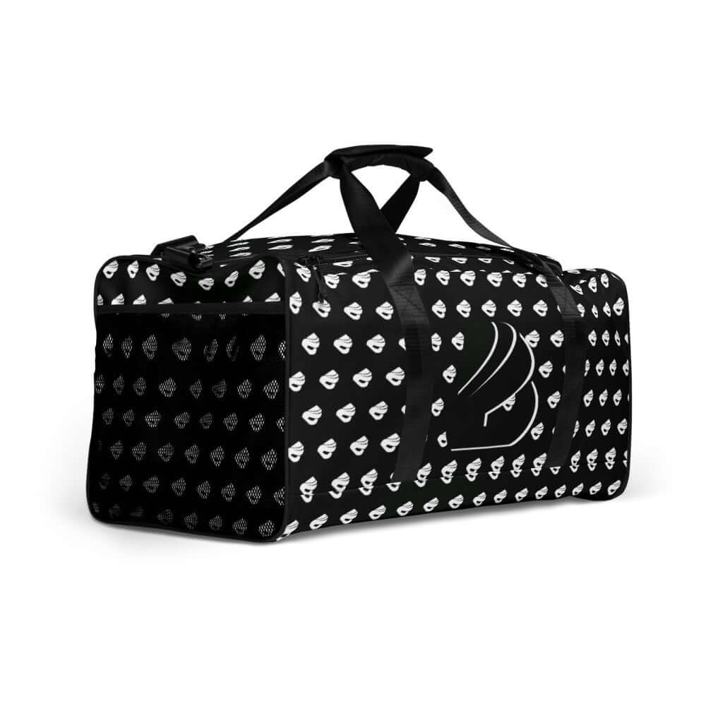 Weekender N°13 black travel bag with white patterns, ideal for travel, errands, and gym, offering spaciousness and organization.