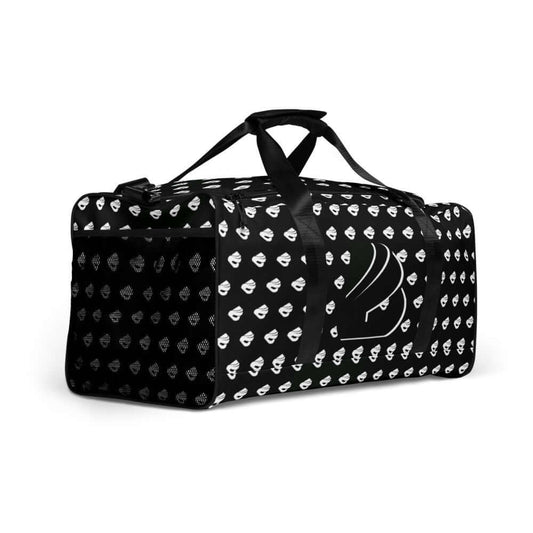 Weekender N°13 black travel bag with white patterns, ideal for travel, errands, and gym, offering spaciousness and organization.