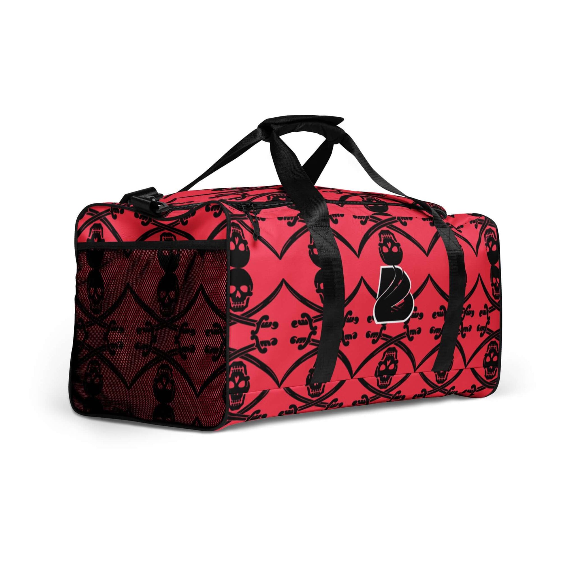 Red and black patterned Weekender N°16 with skull design and adjustable shoulder straps, perfect for travel, gym, or daily errands.