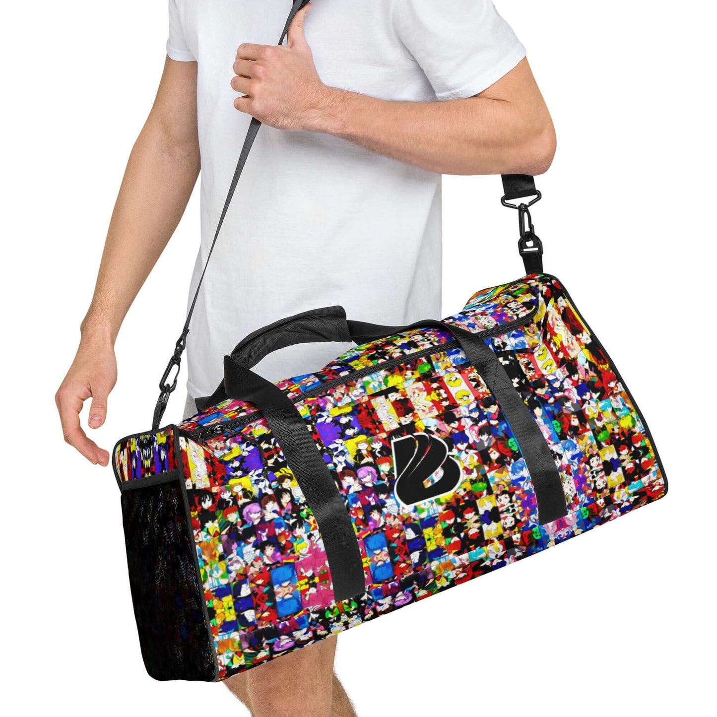 Person carrying colorful Weekender N°21 bag with adjustable shoulder strap, ideal for travel, errands, or gym with ample storage.