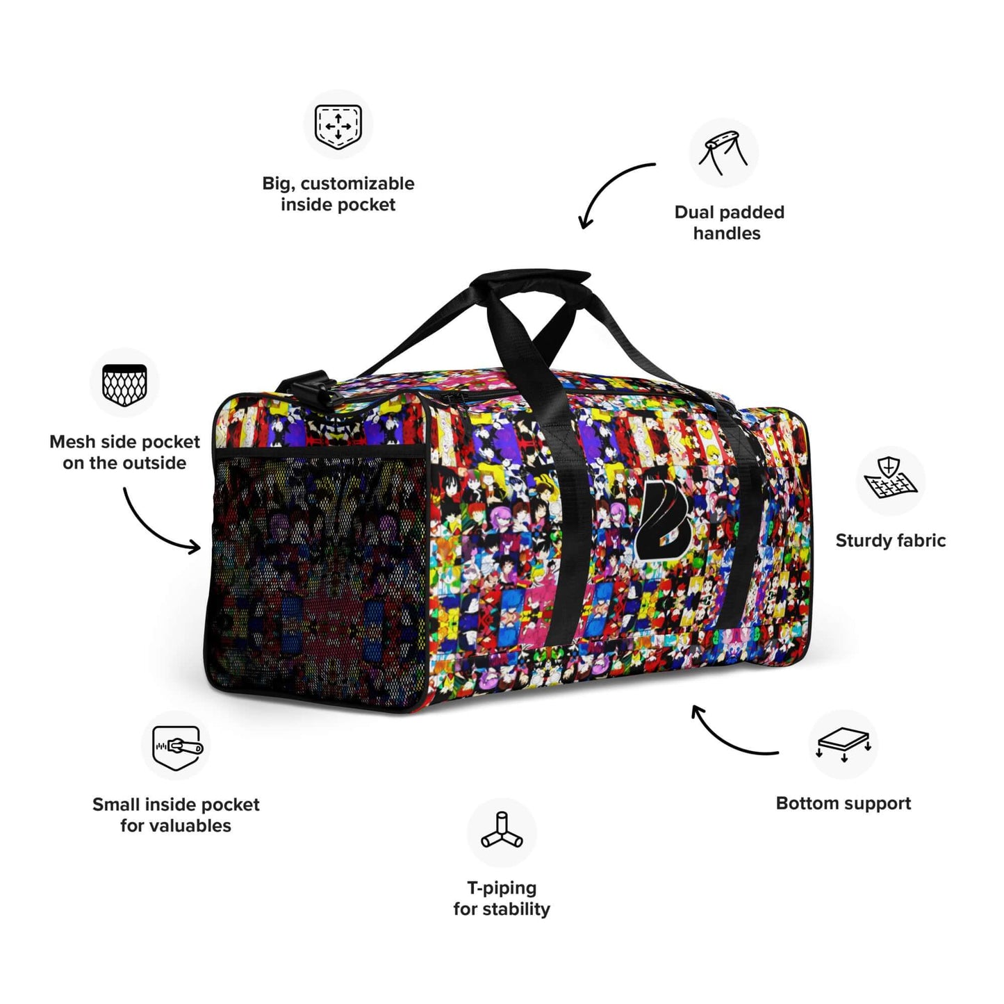 Colorful Weekender N°21 bag with multiple pockets, dual padded handles, sturdy fabric, and T-piping for stability.