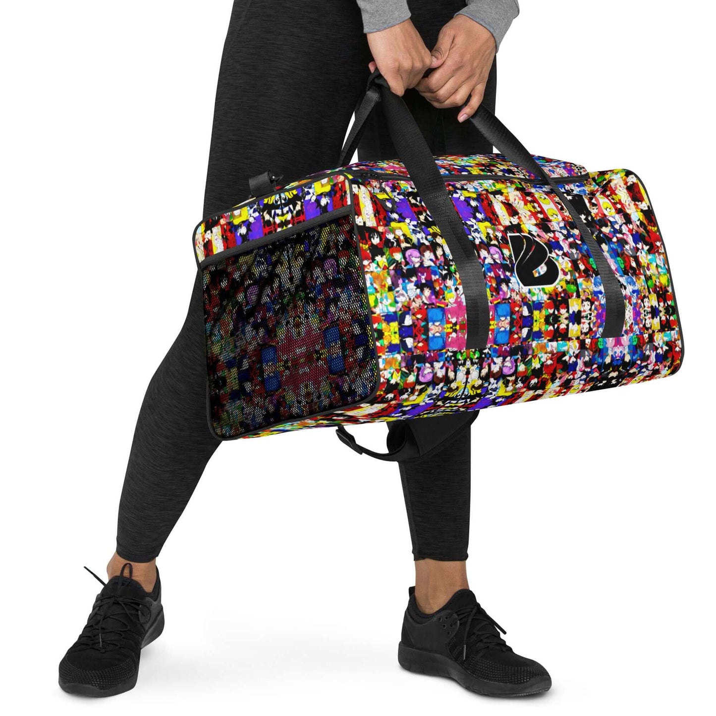 Person carrying colorful Weekender N°21 with adjustable straps and multiple pockets, ideal for travel, daily errands, or gym use.