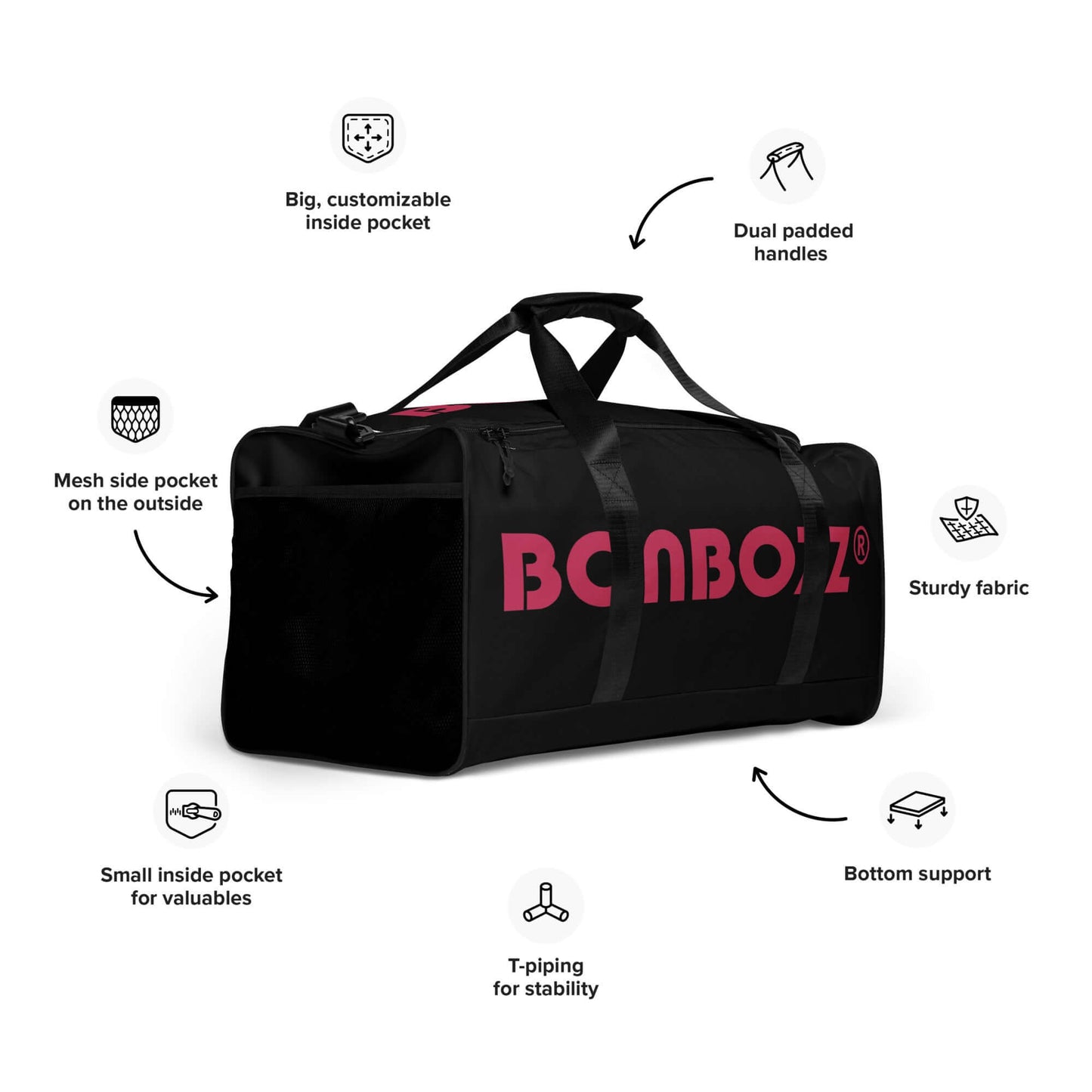 Weekender N°22 black duffle bag with padded straps, large customizable pocket, side mesh pocket, and sturdy fabric