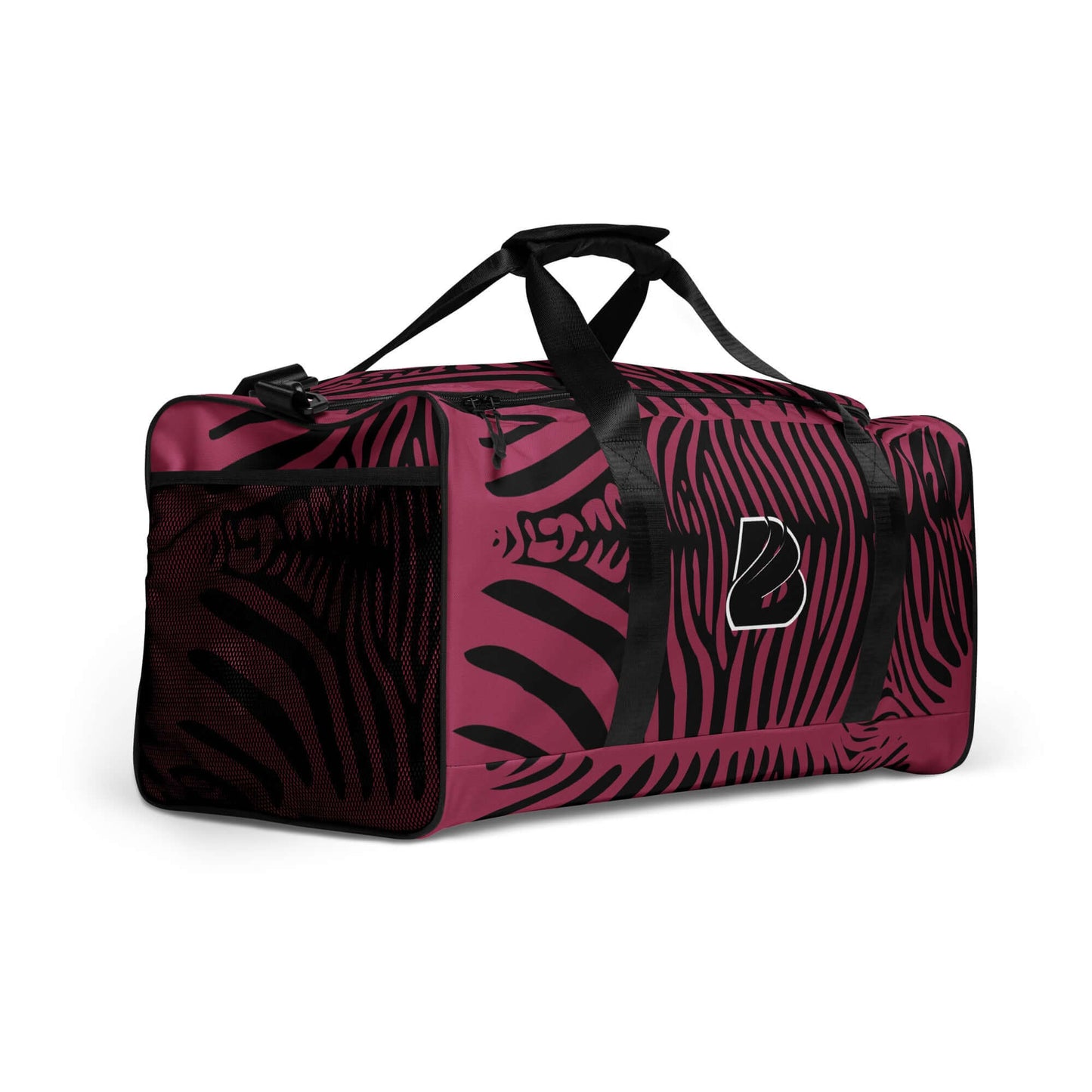 Weekender N°23 luggage style bag with red and black pattern, featuring adjustable shoulder straps and side compartments for storage.