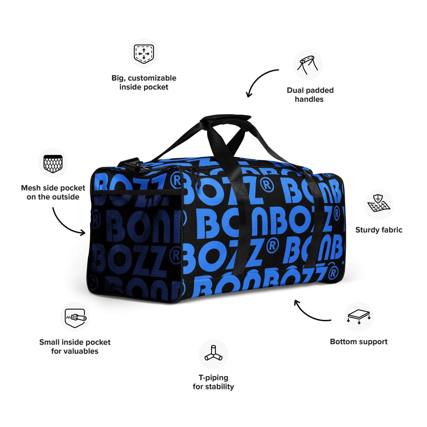 Weekender N°25 travel bag with blue logo design, customizable inside pocket, dual padded handles, and secure sections for valuables.