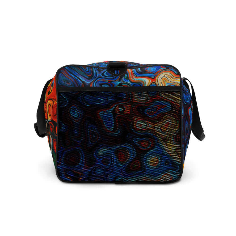 Weekender N°4 bag in colorful abstract pattern, ideal for travel, daily errands or gym, with ample space and adjustable padded shoulder straps.