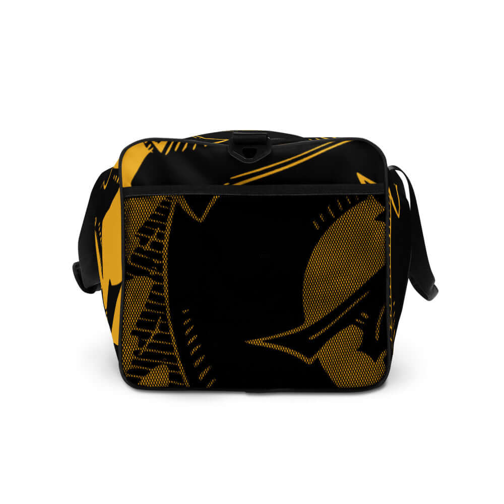 Stylish black and yellow Weekender N°8 bag with adjustable shoulder straps, ideal for travel, gym, and daily use.