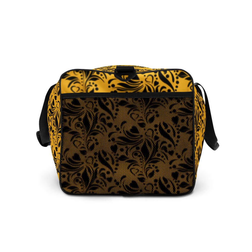 Weekender N°11 with black and yellow floral pattern, spacious design, adjustable padded shoulder straps, perfect for travel and gym.