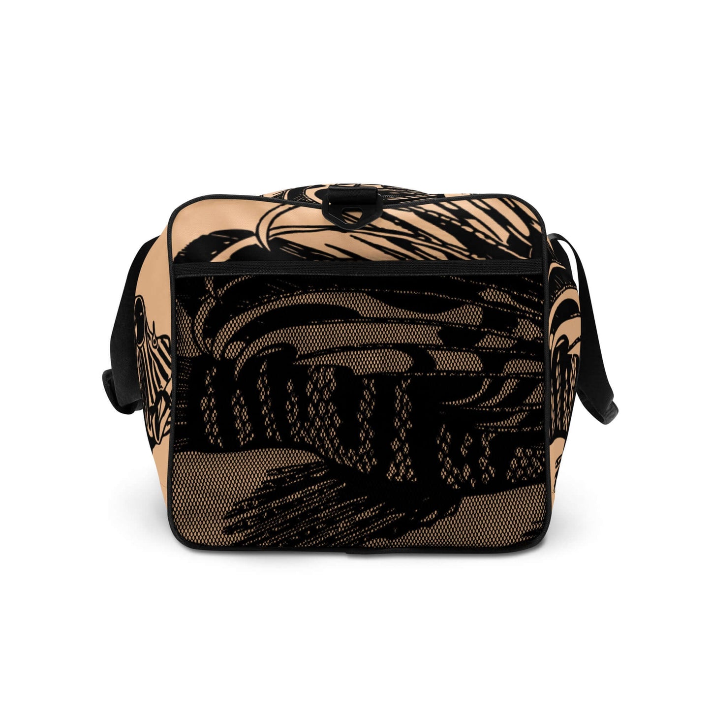 Black and tan patterned Weekender N°14 bag with adjustable shoulder straps and zip pocket for travel and daily use.
