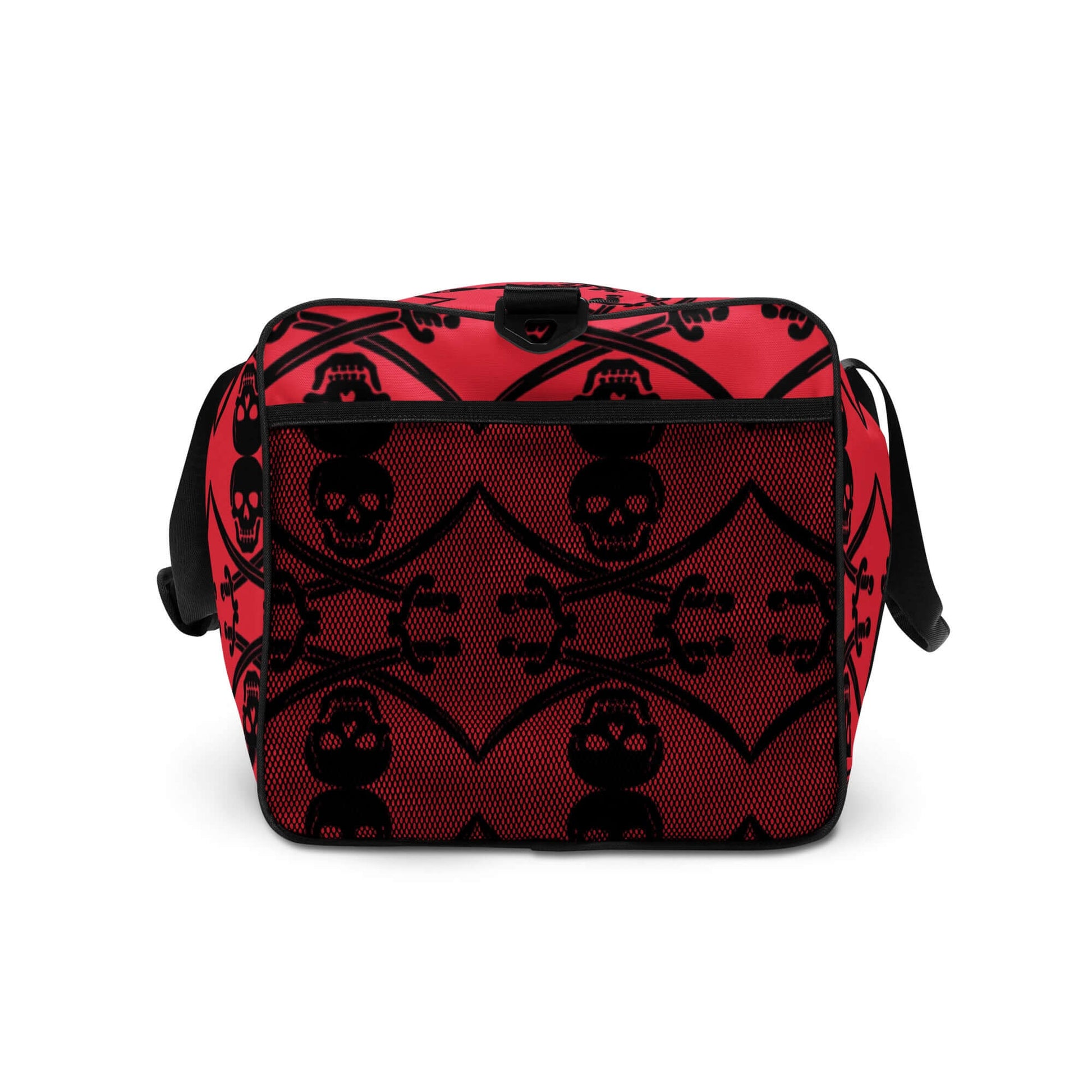 Stylish red Weekender N°16 with black skull pattern, ideal for travel, daily errands or gym, featuring adjustable padded shoulder straps.