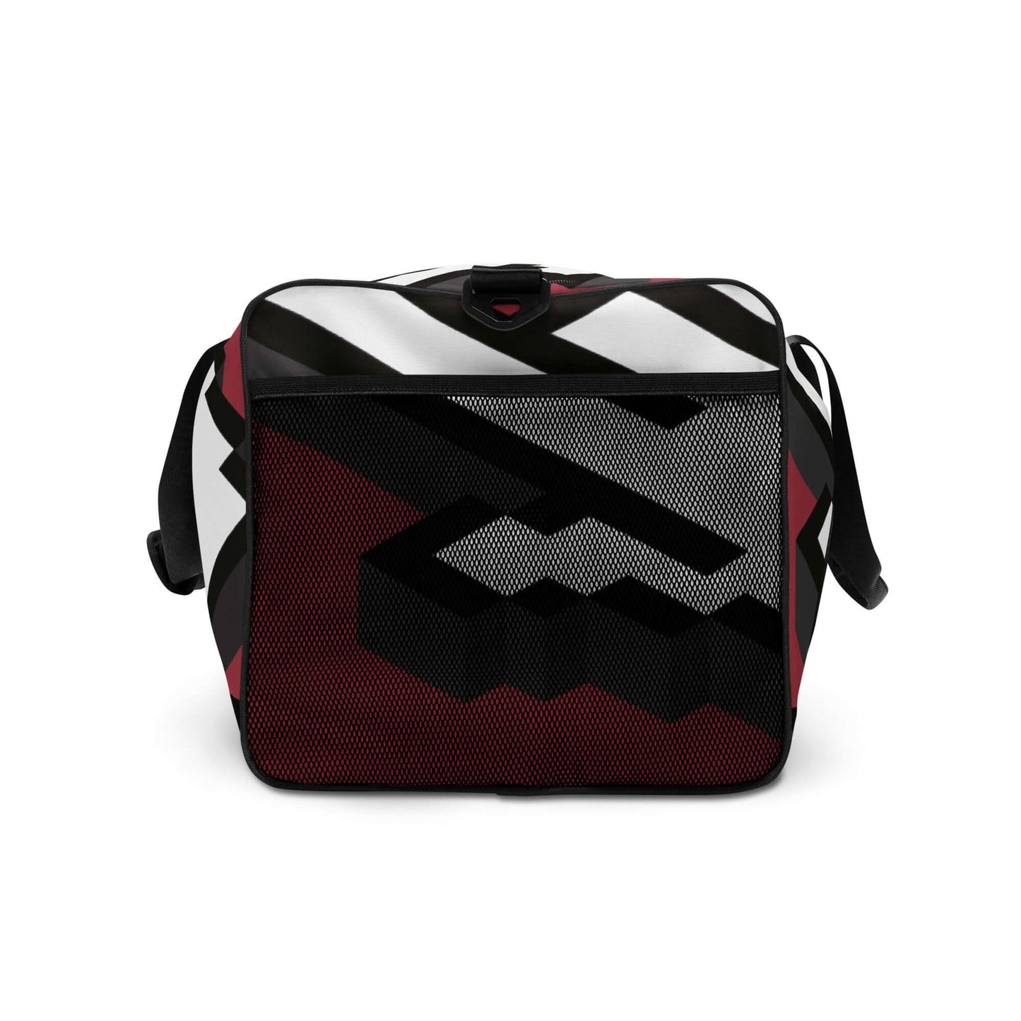 Weekender N°18 bag with black, white, and red geometric pattern, ideal for travel or gym with adjustable shoulder straps.