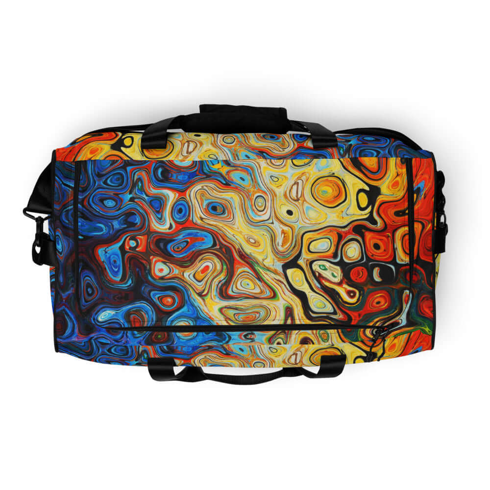 Colorful Weekender N°4 bag with abstract design, perfect for travel, daily use, or gym with adjustable straps and multiple pockets.