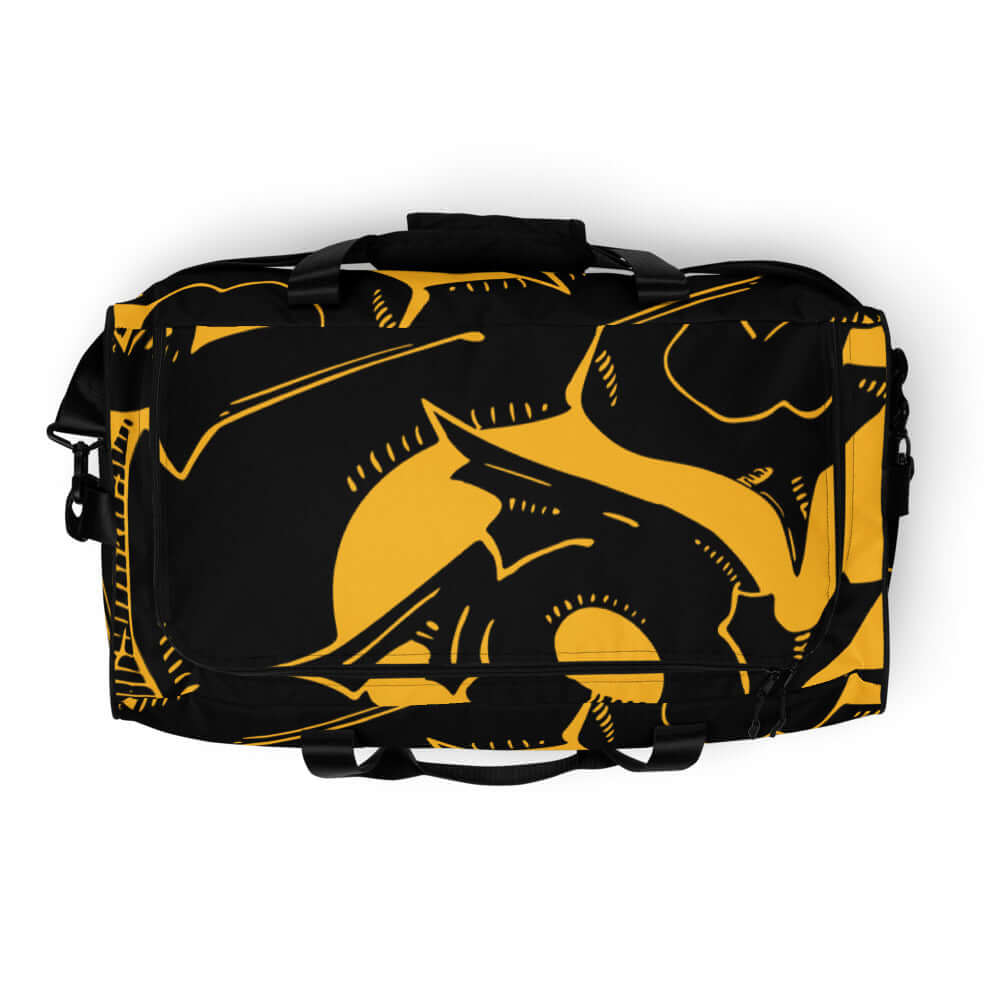 Weekender N°8 bag with vibrant black and yellow pattern, ideal for travel, errands, or gym use with spacious compartments and adjustable straps.