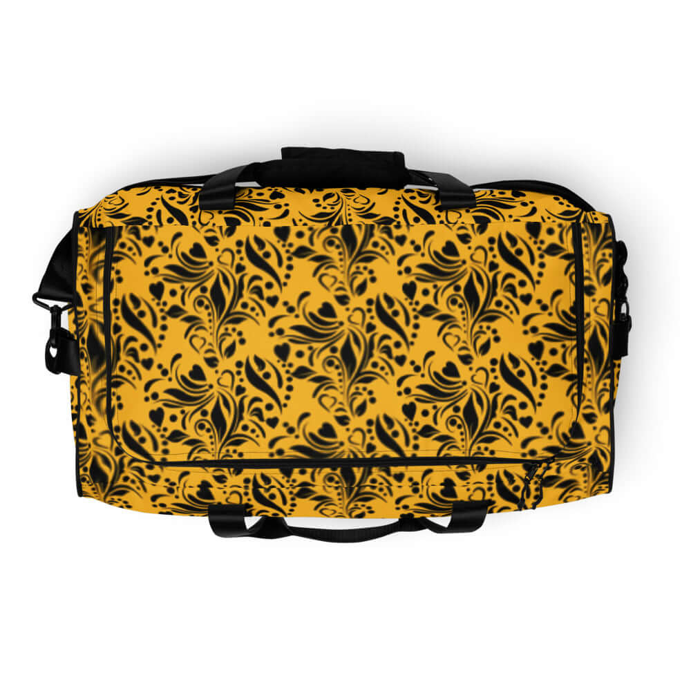 Weekender N°11 travel bag with black floral design on yellow background, ideal for gym, travel, or daily use with adjustable straps.