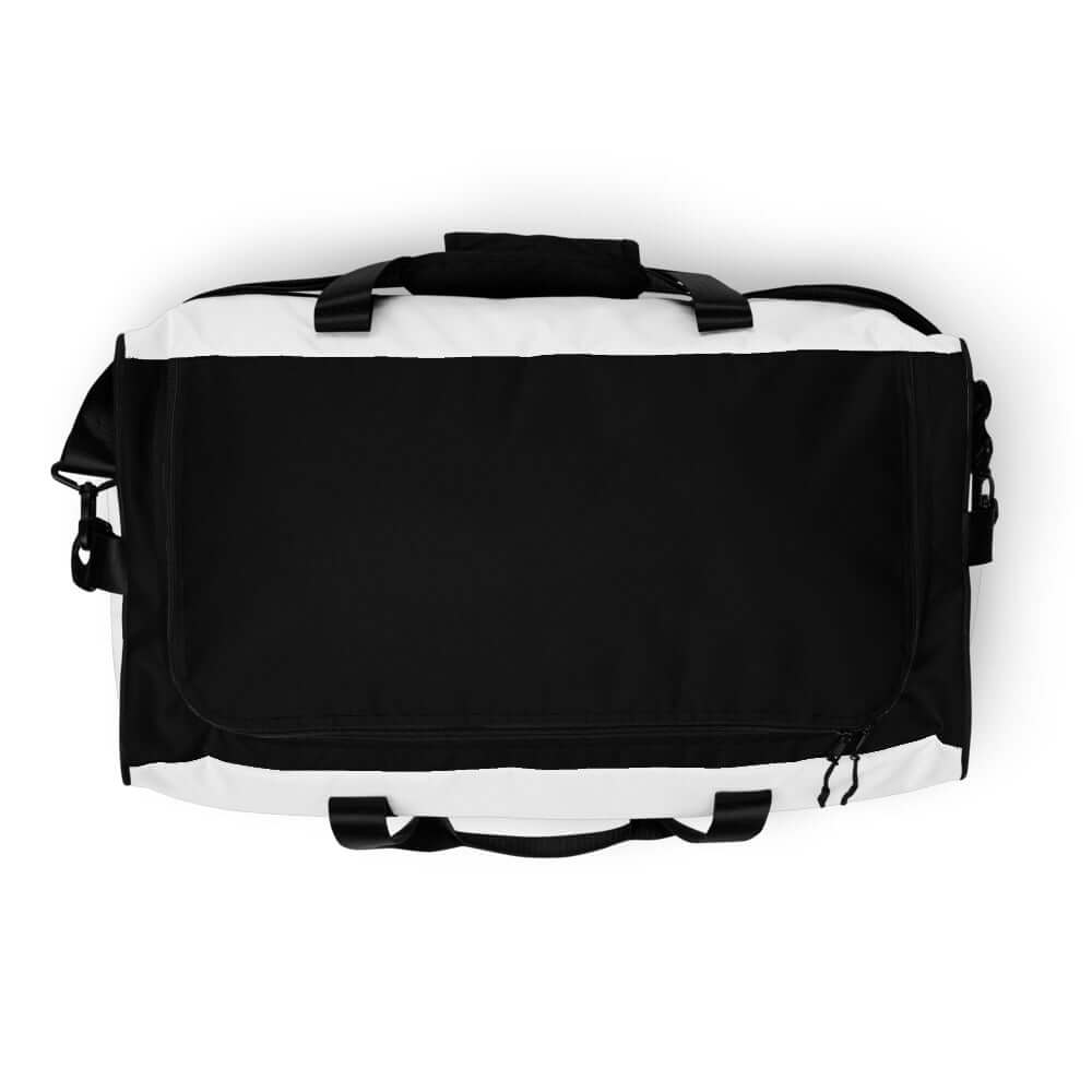 Black and white Weekender N°12 travel and gym bag with adjustable padded shoulder straps and multiple compartments for organization.
