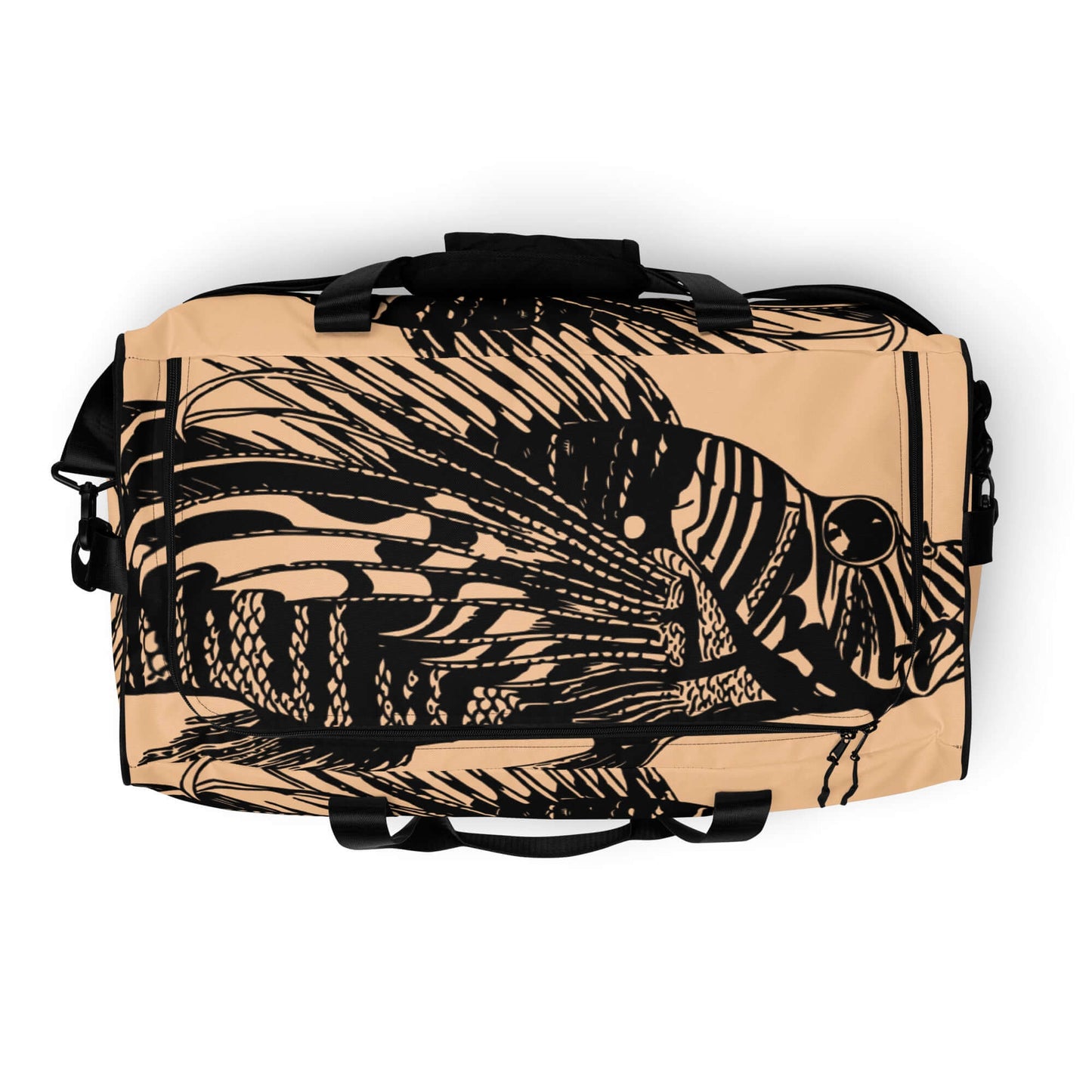 Stylish Weekender N°14 with artistic black and beige design, ideal for travel and daily use, featuring multiple pockets and padded straps.