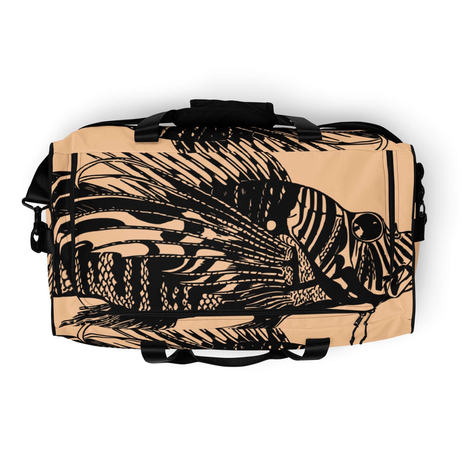 Stylish Weekender N°14 with artistic black and beige design, ideal for travel and daily use, featuring multiple pockets and padded straps.