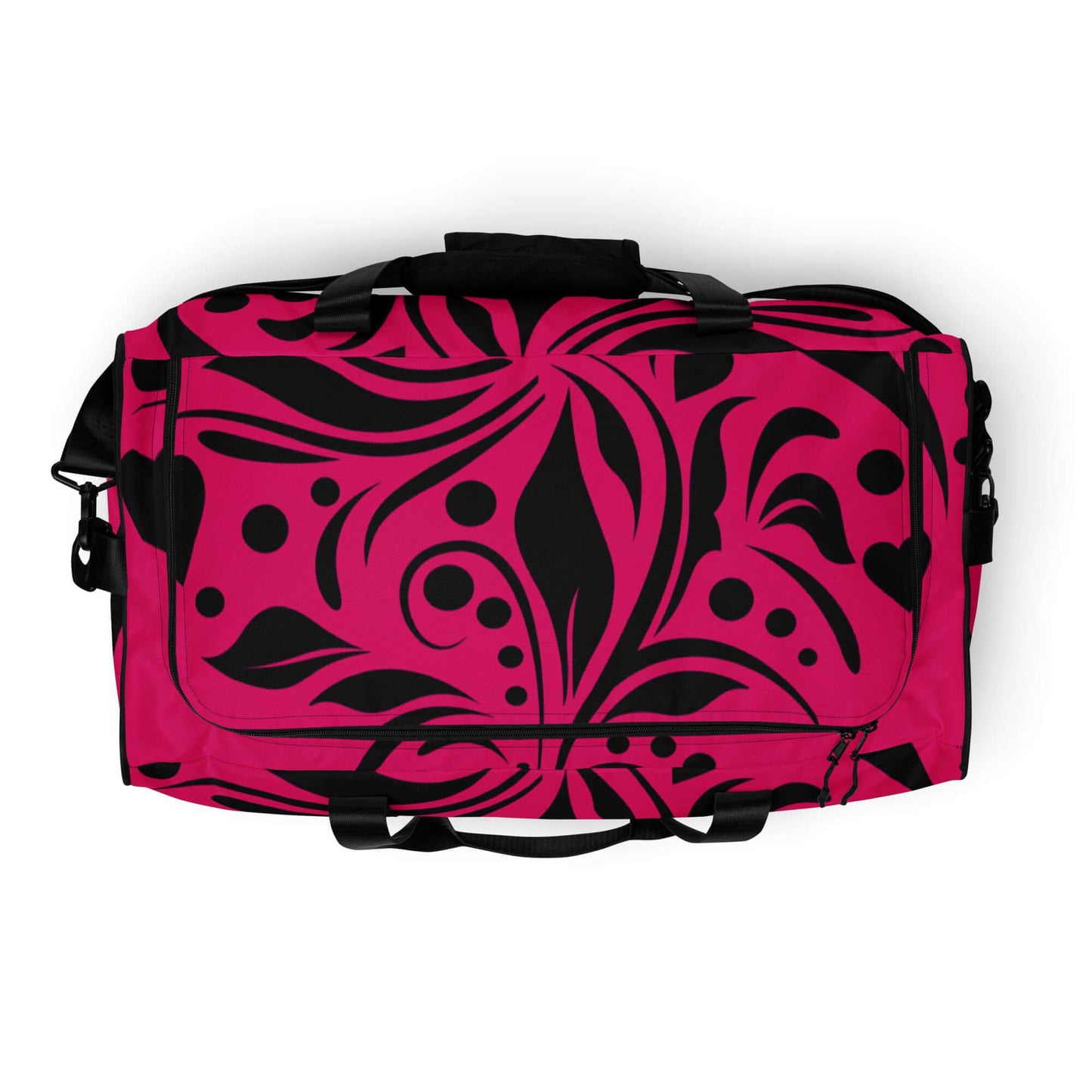 Weekender N°15 pink and black patterned travel bag with adjustable shoulder straps, spacious compartments, and secure pockets.