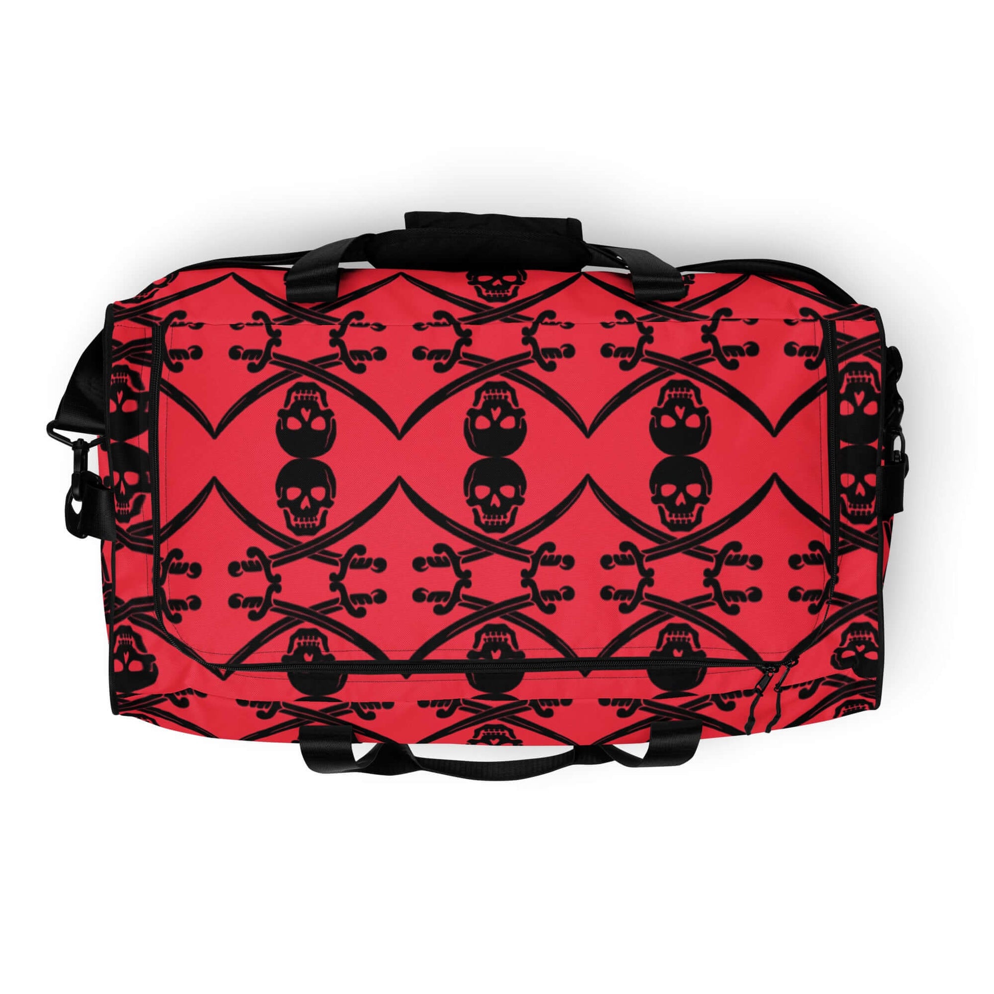 Red and black Weekender N°16 bag with skull and crossbones design, features multiple pockets and adjustable shoulder straps. Perfect travel companion.