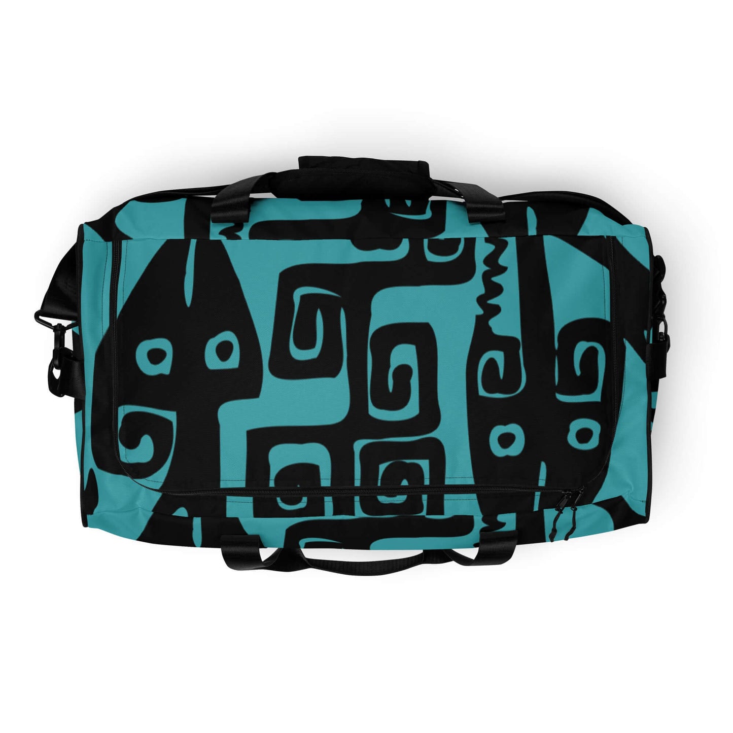 Weekender N°17 with artistic black and teal design, spacious with adjustable padded straps, ideal for travel, errands, and gym use.