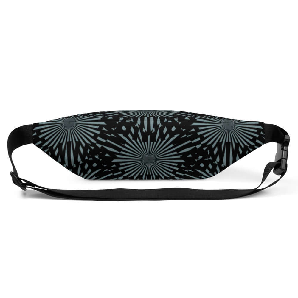 Modern black and blue patterned Gürteltasche N°9 with adjustable strap, ideal for festivals and travel.