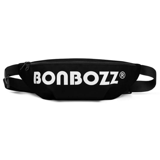 Black Gürteltasche N°6 with BONBOZZ logo, adjustable strap, ideal for travel, festivals, and hands-free convenience.
