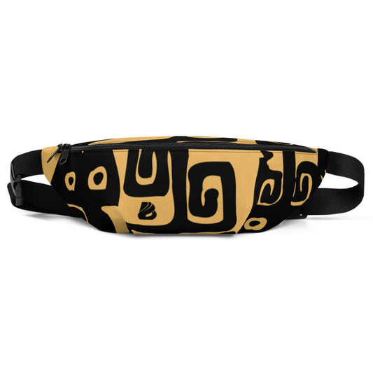 Gürteltasche N°13 with abstract black and gold design, perfect for festivals and travel; features adjustable strap and inner pocket.