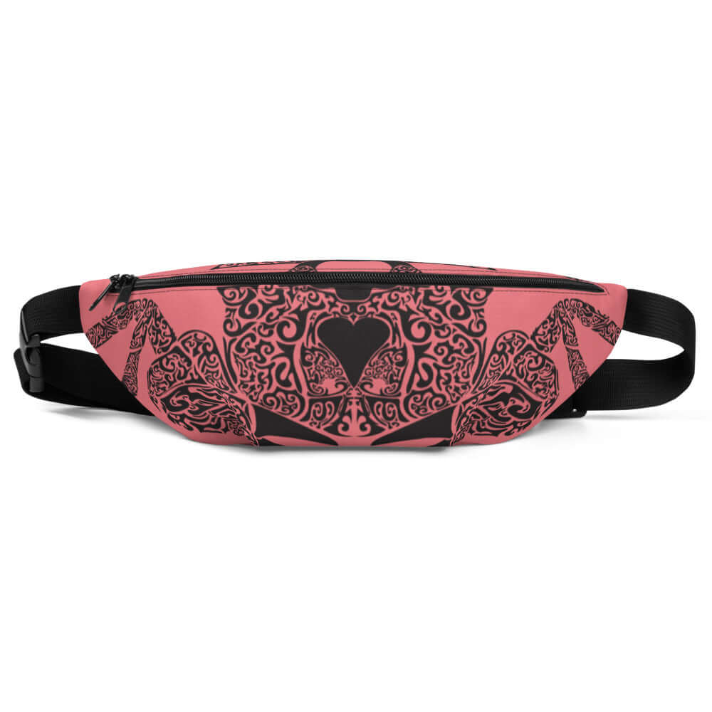 Gürteltasche N°16 in pink with heart and butterfly design, perfect for festivals and travel, featuring adjustable strap and inner pocket.