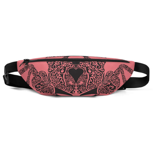 Gürteltasche N°16 in pink with heart and butterfly design, perfect for festivals and travel, featuring adjustable strap and inner pocket.