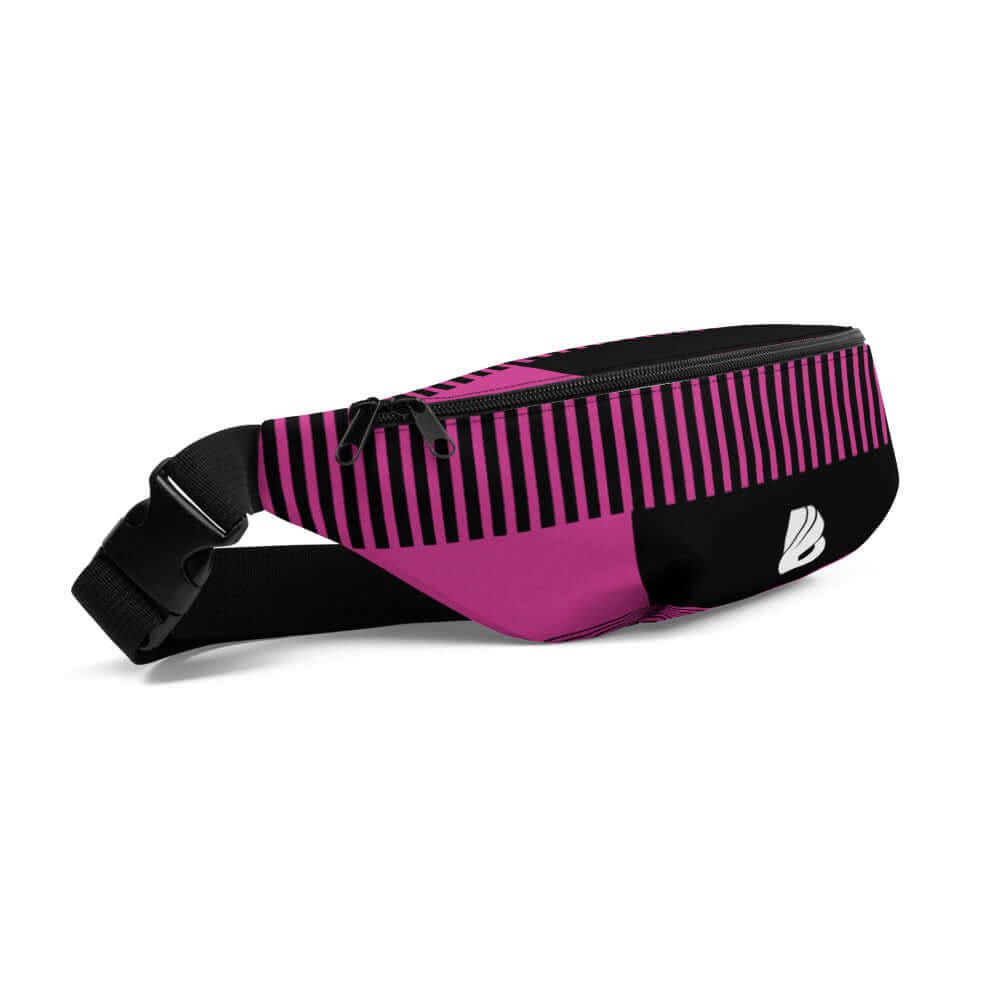 Pink and black Gürteltasche N°2 with stripes, adjustable strap, ideal for travel and festivals.