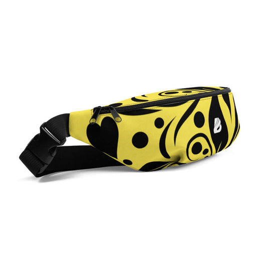 Gürteltasche N°12 in yellow with black abstract design, featuring an adjustable strap and front zip pocket, ideal for travel and festivals.
