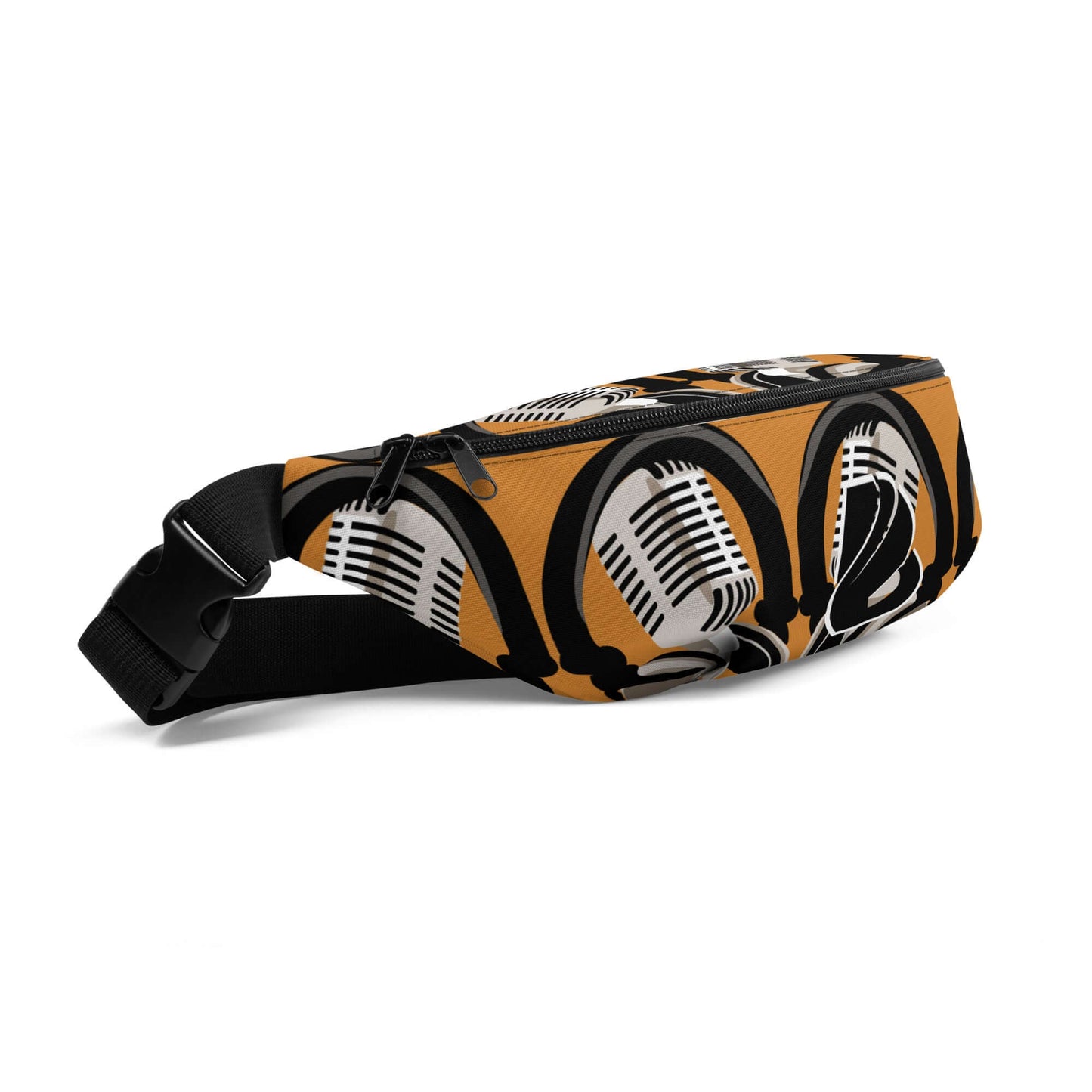 Gürteltasche N°28 in orange and black with microphone pattern, perfect travel and festival accessory with adjustable strap.